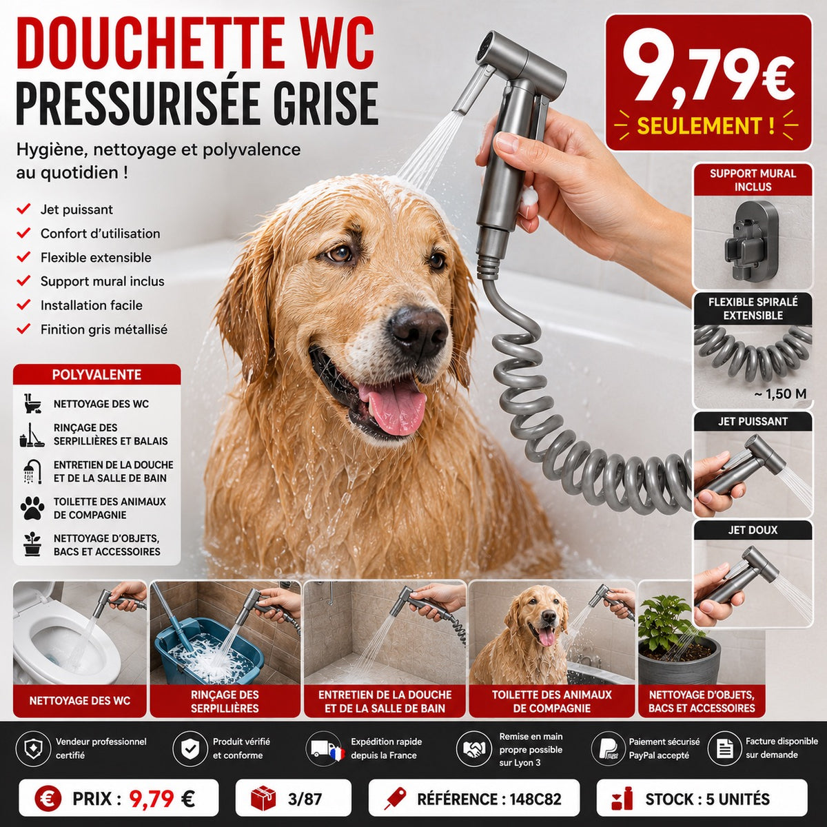 🚿 Douchette WC Pressurisée Grise – Hygiène, Nettoyage et Polyvalence !