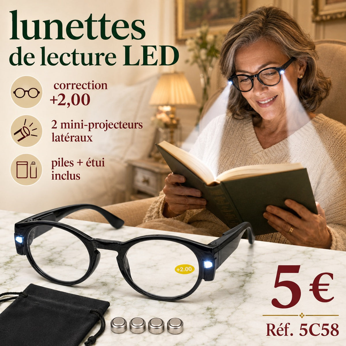 Lunettes de lecture LED +2,00 avec éclairage intégré