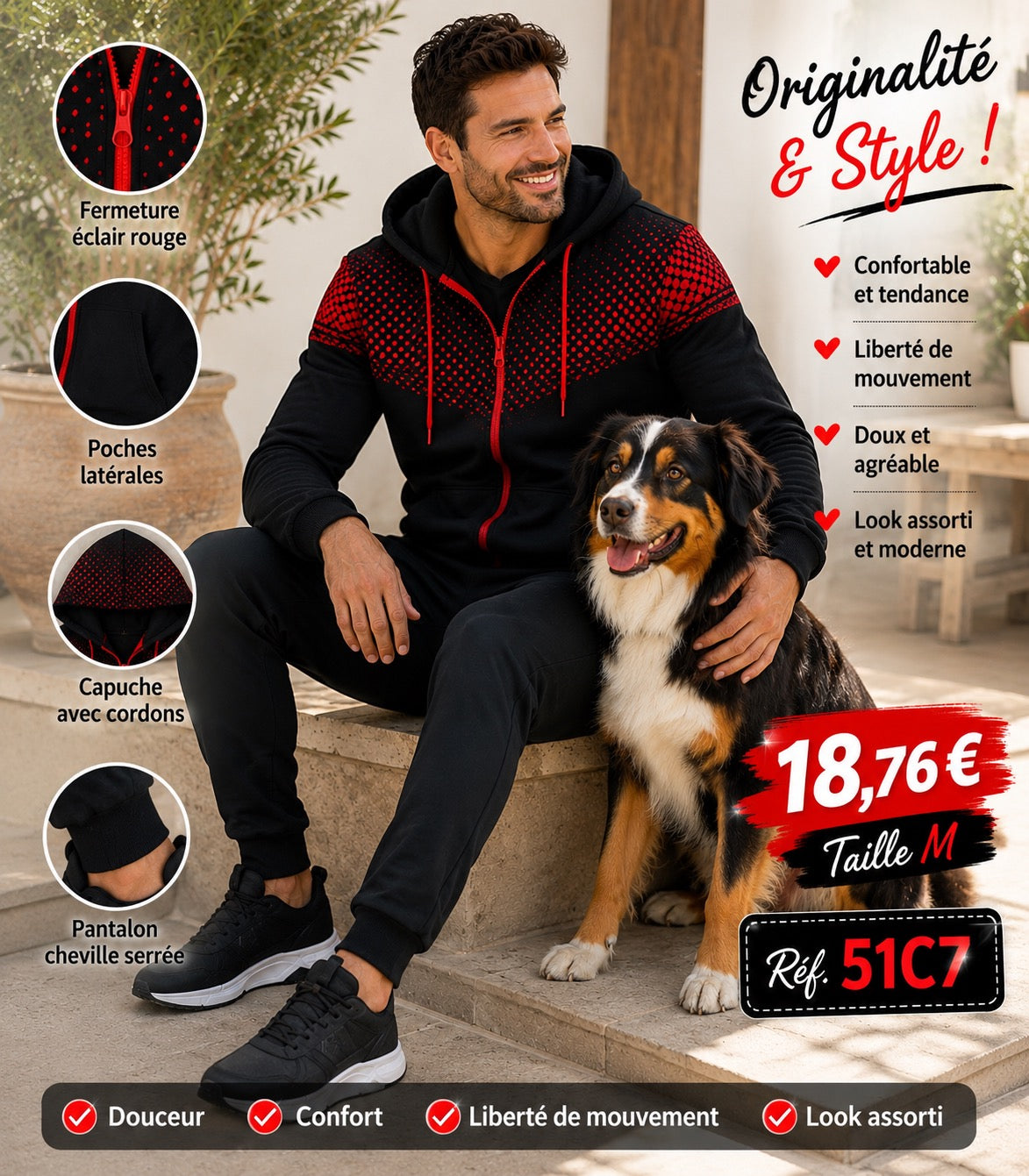 🔴⚫ Ensemble Survêtement Noir & Rouge à Pois – Taille M 🔴⚫