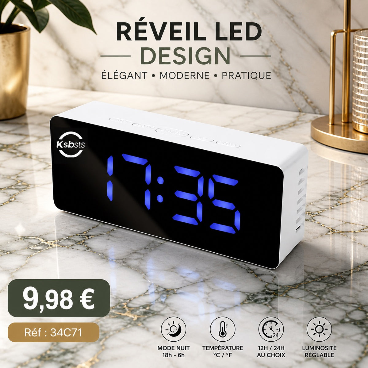 RÉVEIL LED NUMÉRIQUE DESIGN – AFFICHAGE MIROIR