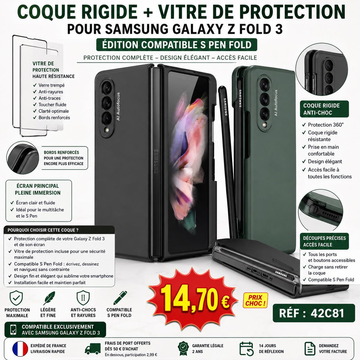 📱 Coque intégrale 360° Samsung Galaxy Z Fold 3 – Verre trempé intégré – Vert nuit