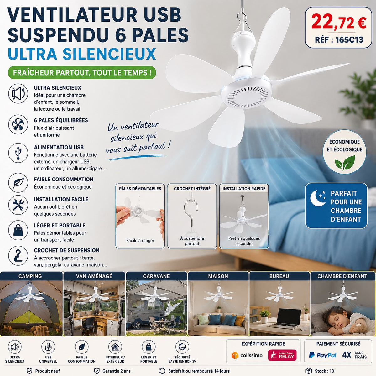 🌬️ Ventilateur USB Suspendu 6 Pales – Ultra Silencieux – Alimentation USB – Camping, Maison, Chambre &amp; Bureau