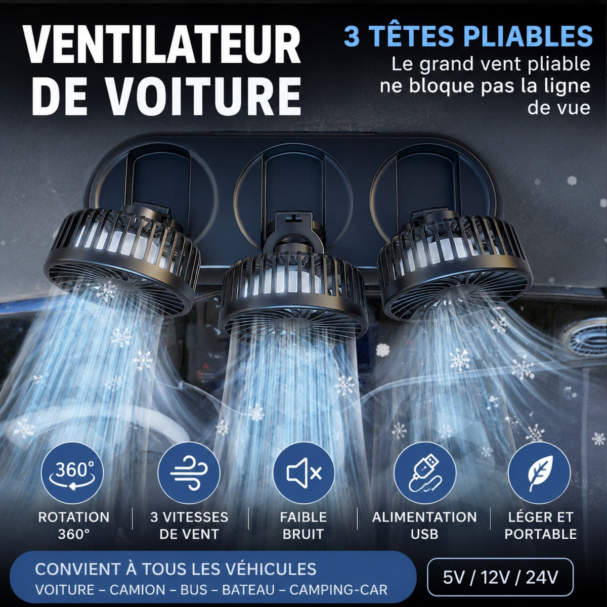 Ventilateur voiture 3 têtes