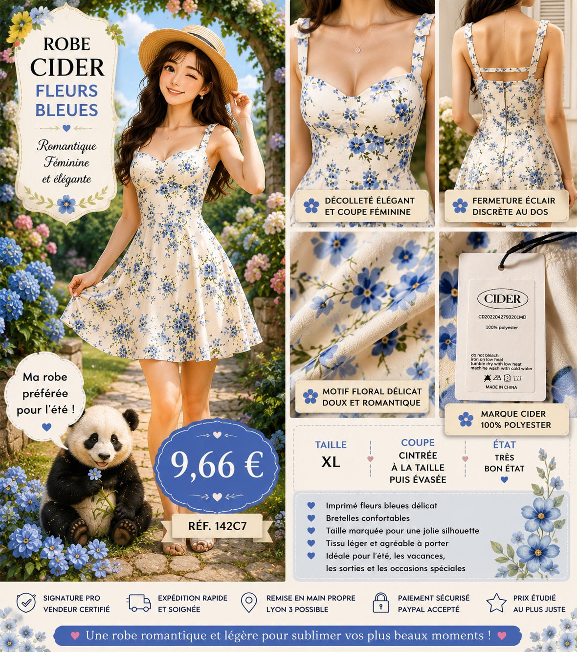 🌸 ROBE CIDER ÉCRUE À FLEURS BLEUES – TAILLE XL 🌸