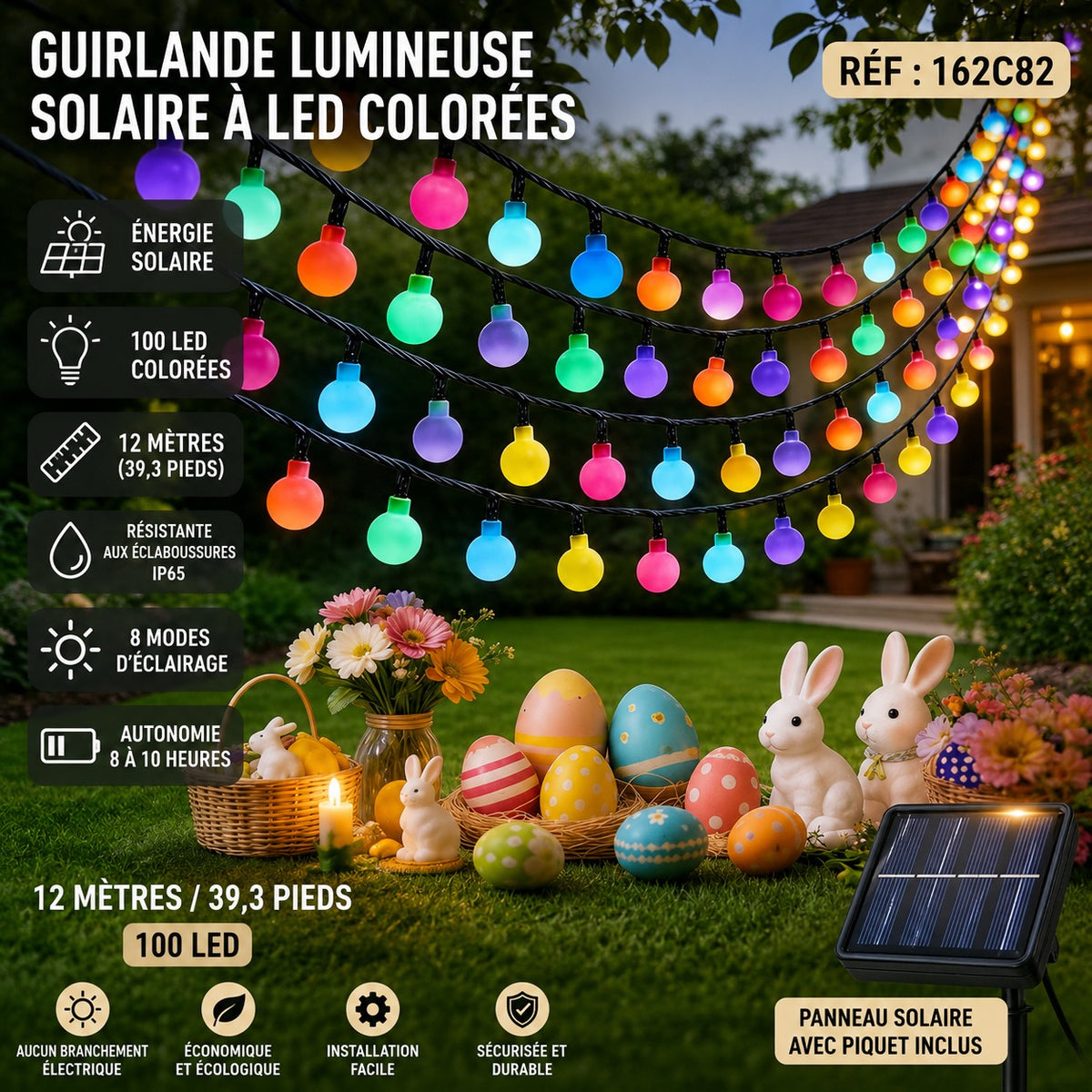 🌈 Guirlande lumineuse solaire à grosses boules LED – 12 mètres – 100 LED multicolores