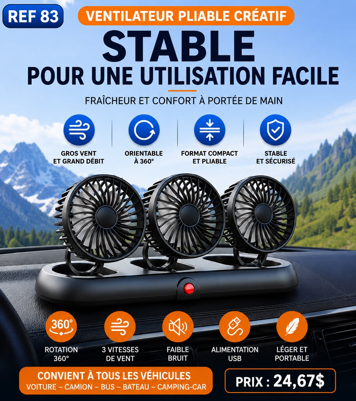 Ventilateur voiture 3 têtes