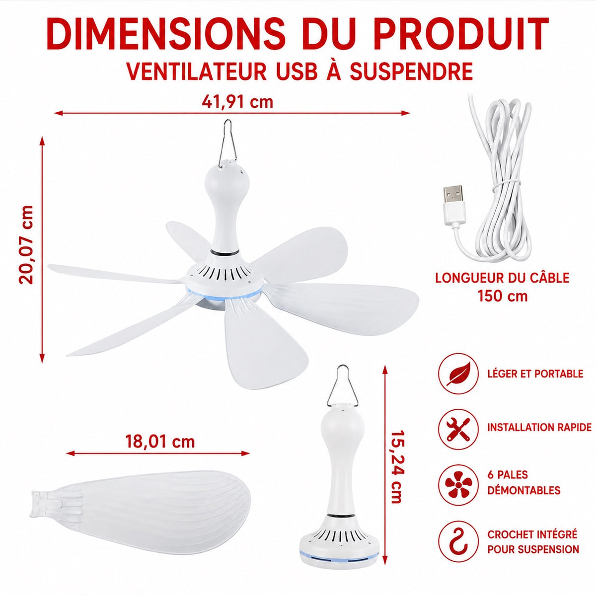 🌬️ Ventilateur USB Suspendu 6 Pales – Ultra Silencieux – Alimentation USB – Camping, Maison, Chambre &amp; Bureau