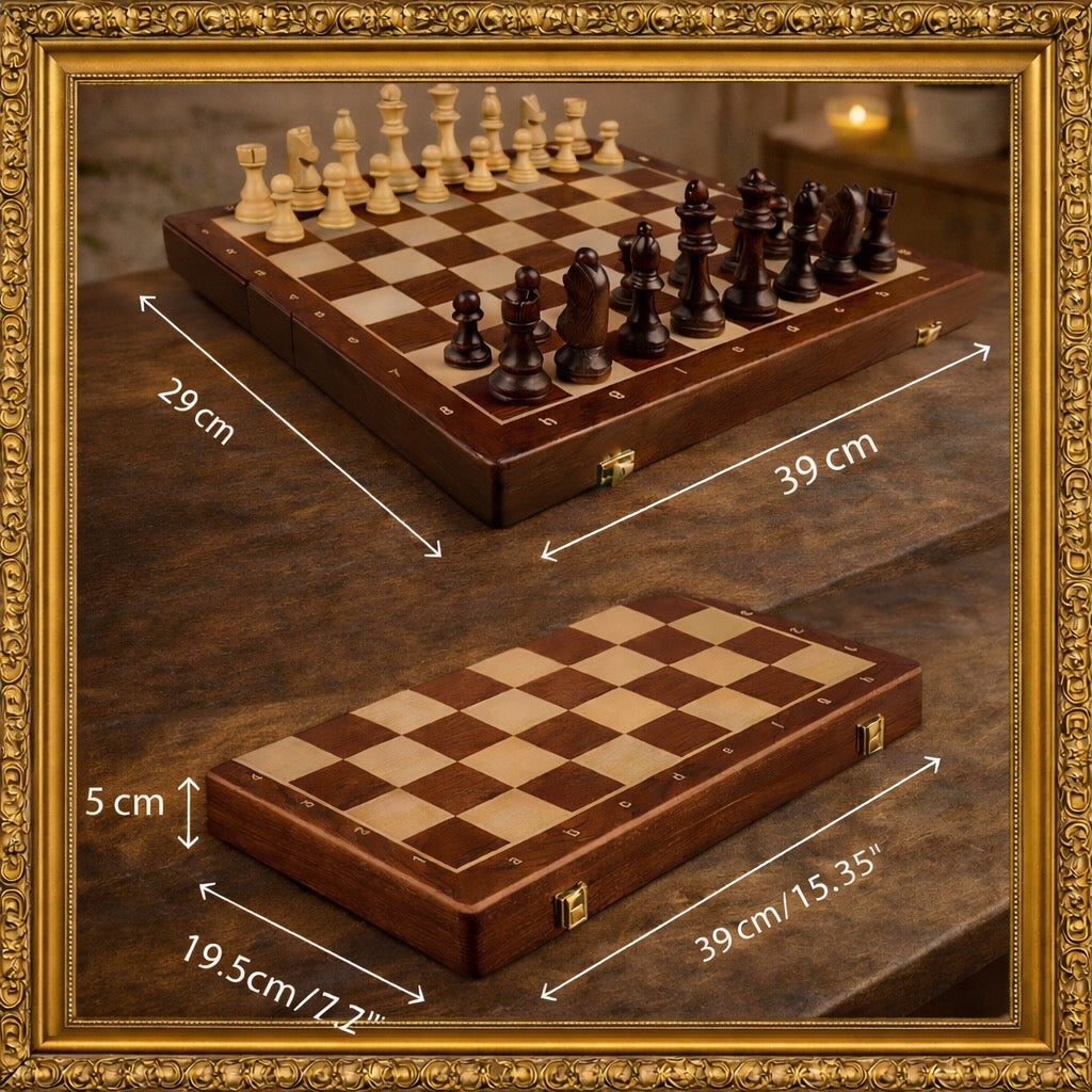 Jeu d'échecs en bois massif premium - Échiquier noyer 40cm