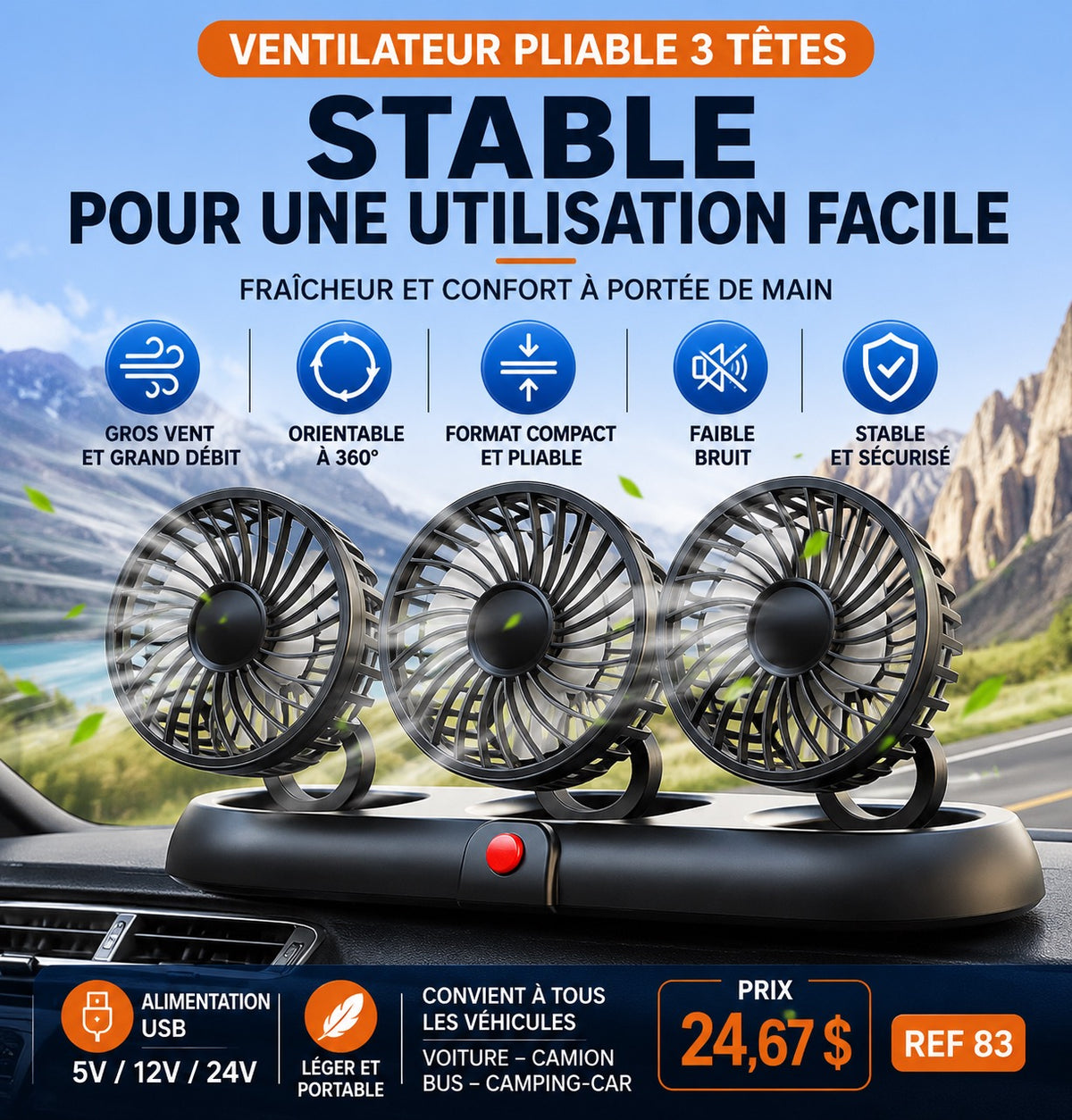Ventilateur voiture 3 têtes