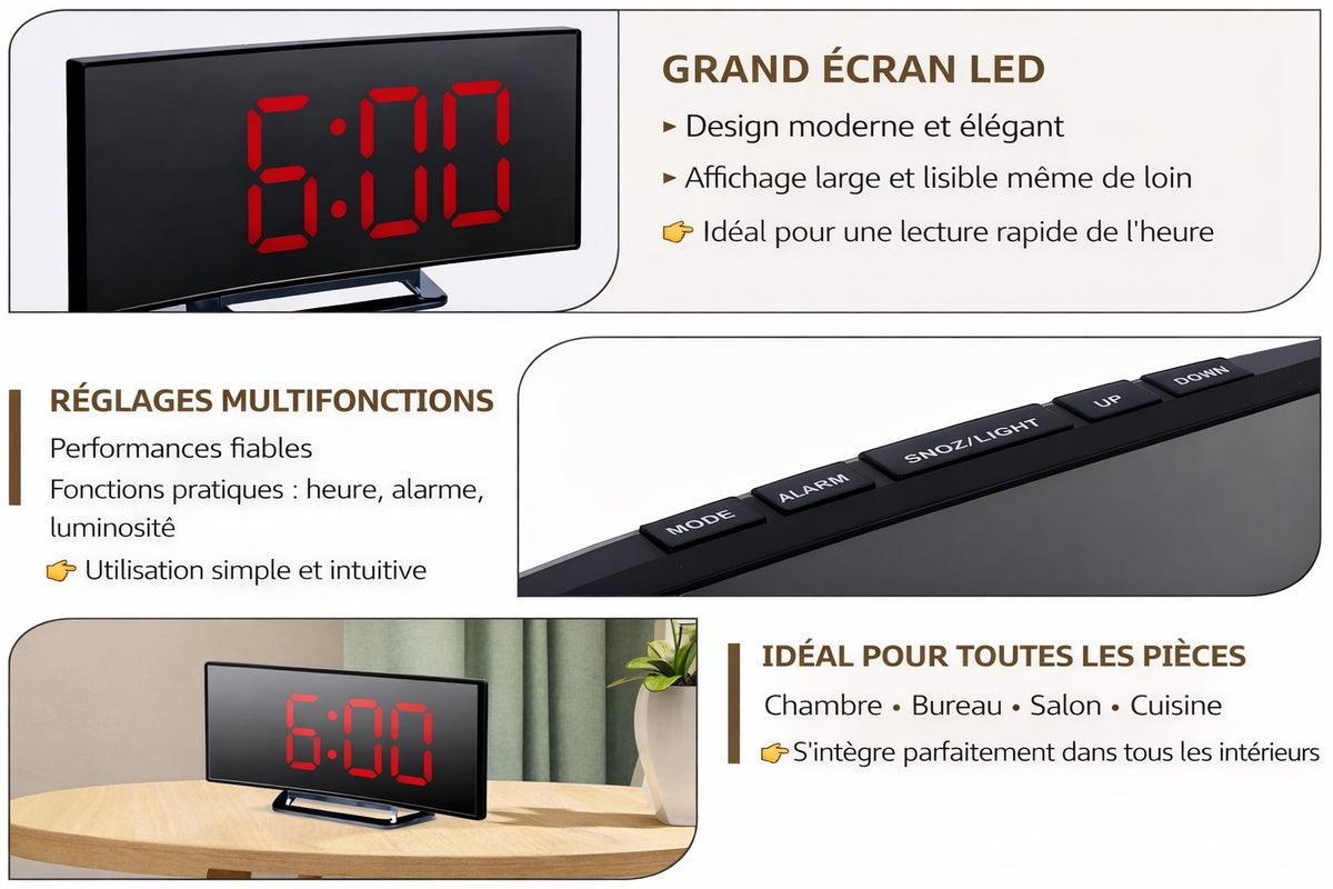 Réveil miroir LED moderne avec affichage courbé