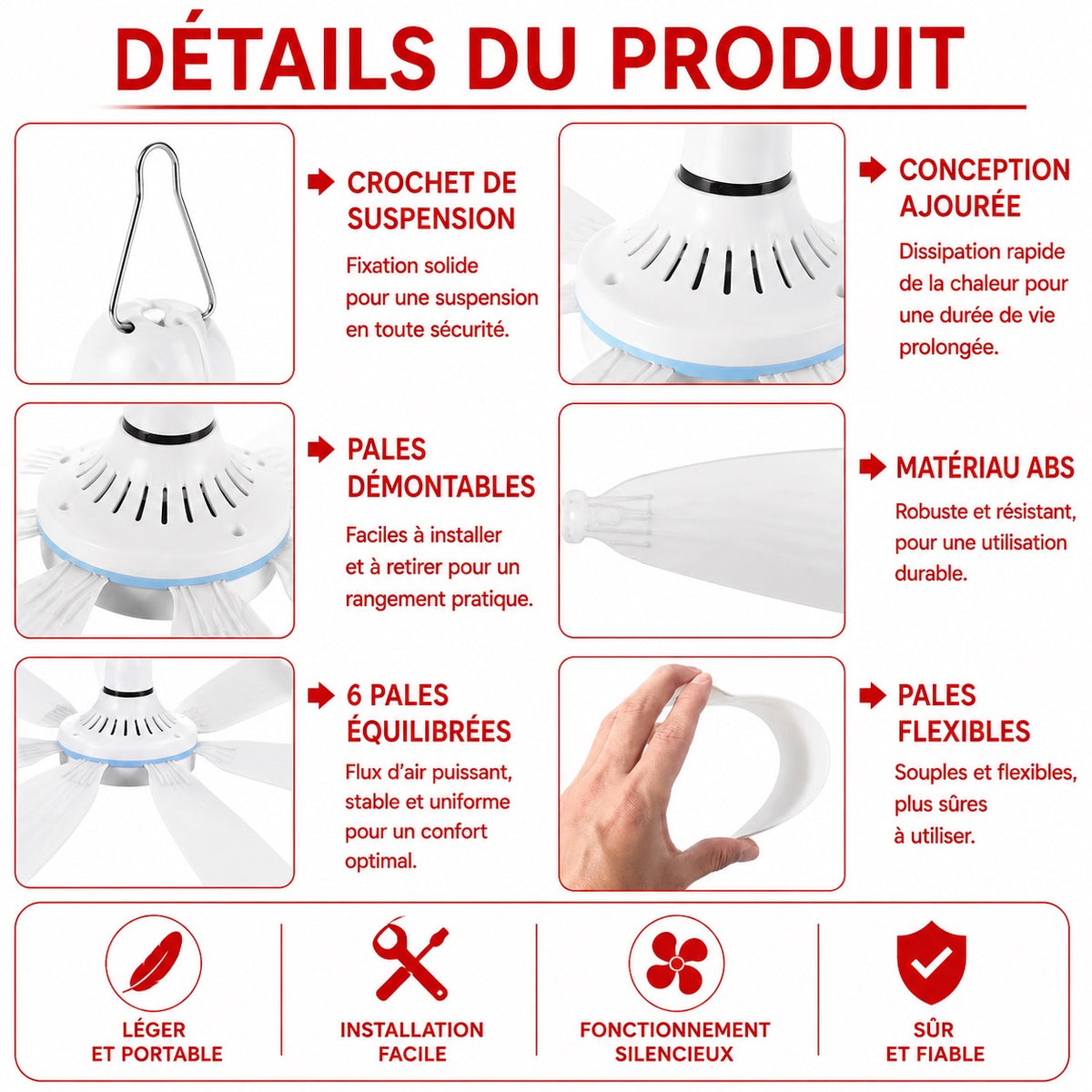 🌬️ Ventilateur USB Suspendu 6 Pales – Ultra Silencieux – Alimentation USB – Camping, Maison, Chambre &amp; Bureau