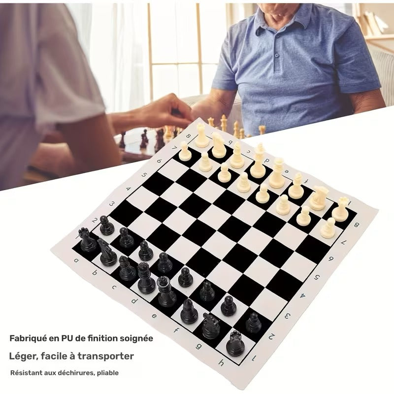 Jeu d'Échecs Premium PU – Tapis Enroulable 42x42 cm, Pièces & Sac Bandoulière