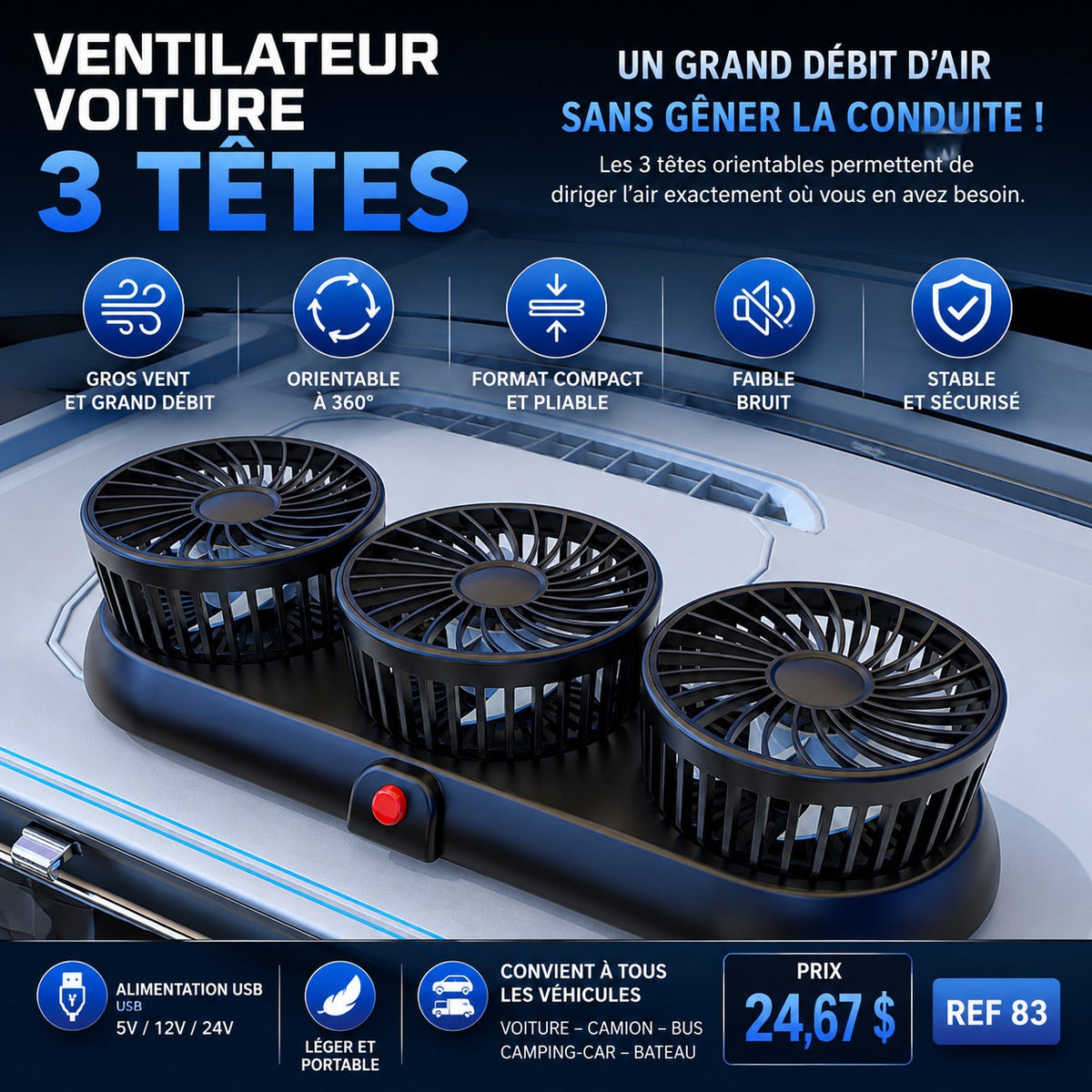 Ventilateur voiture 3 têtes