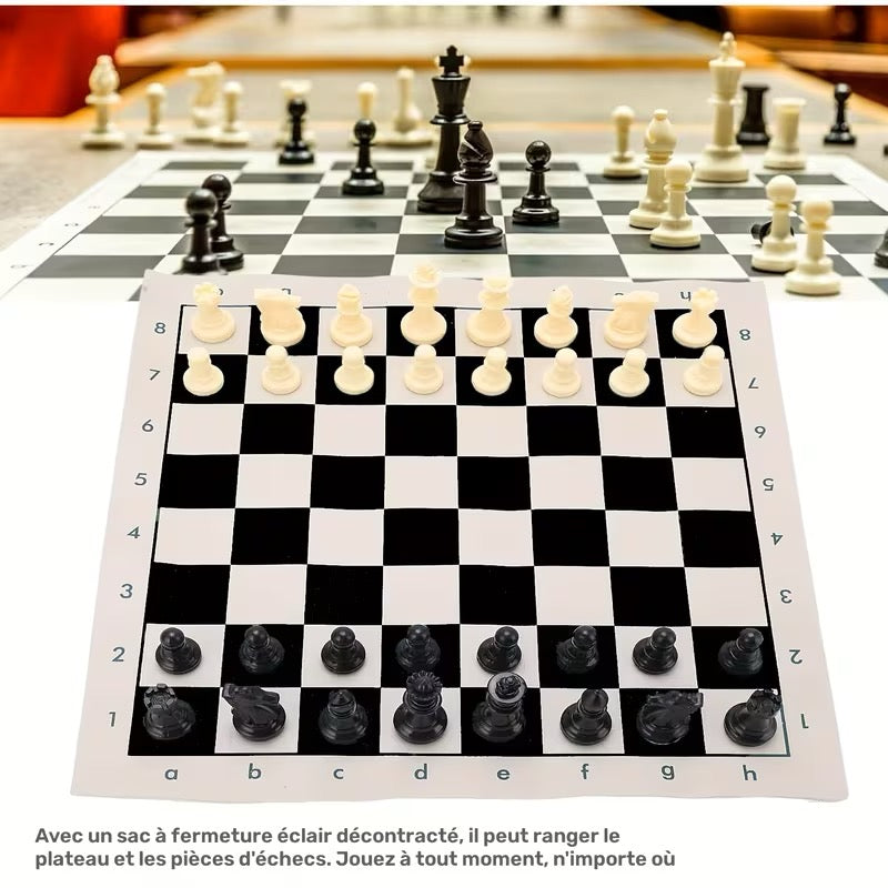 Jeu d'Échecs Premium PU – Tapis Enroulable 42x42 cm, Pièces & Sac Bandoulière