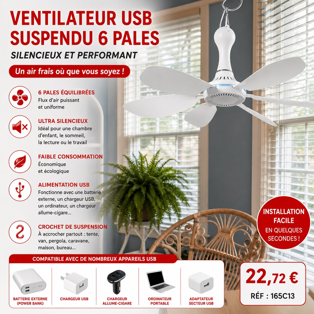 🌬️ Ventilateur USB Suspendu 6 Pales – Ultra Silencieux – Alimentation USB – Camping, Maison, Chambre &amp; Bureau