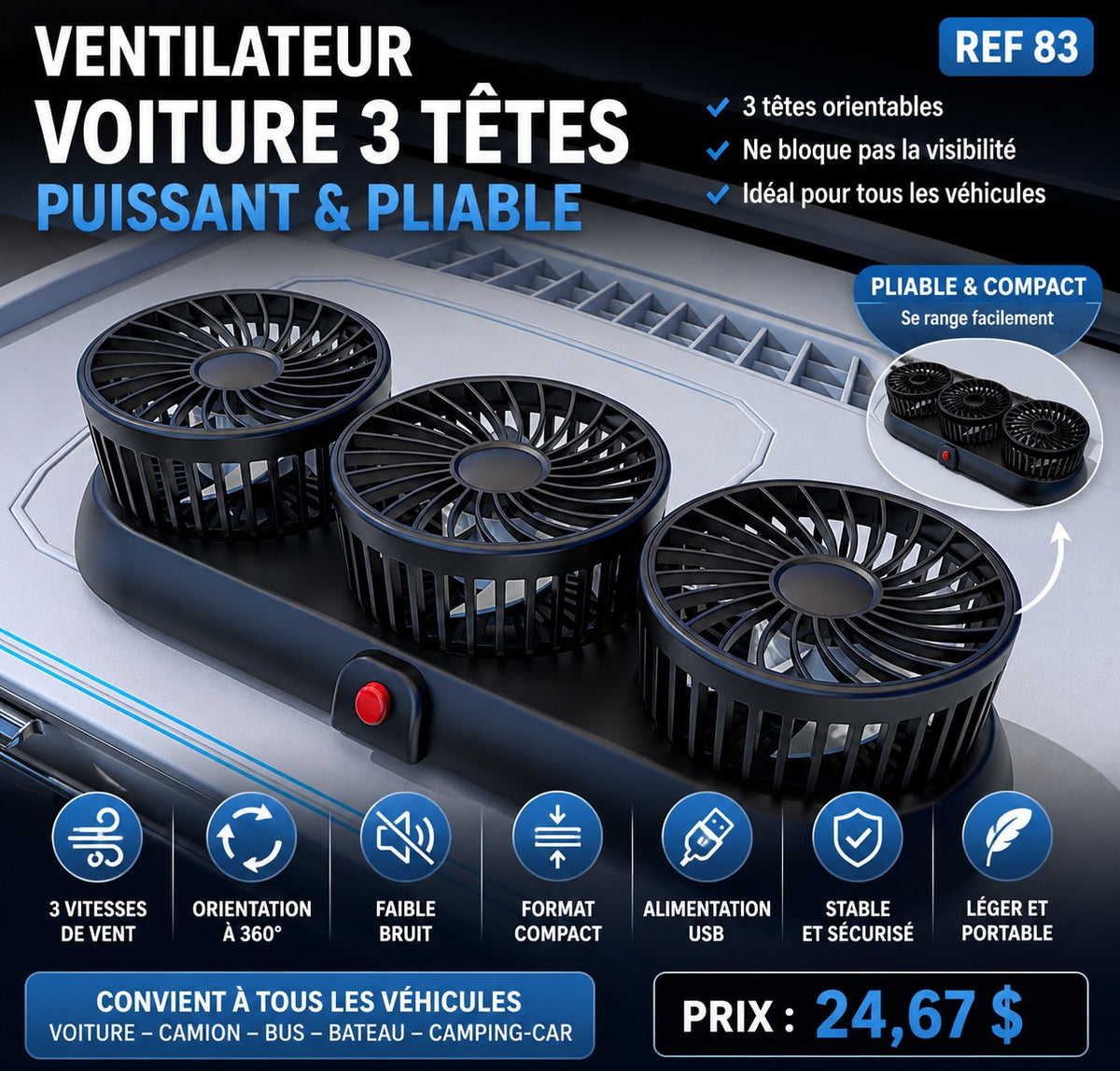 Ventilateur voiture 3 têtes
