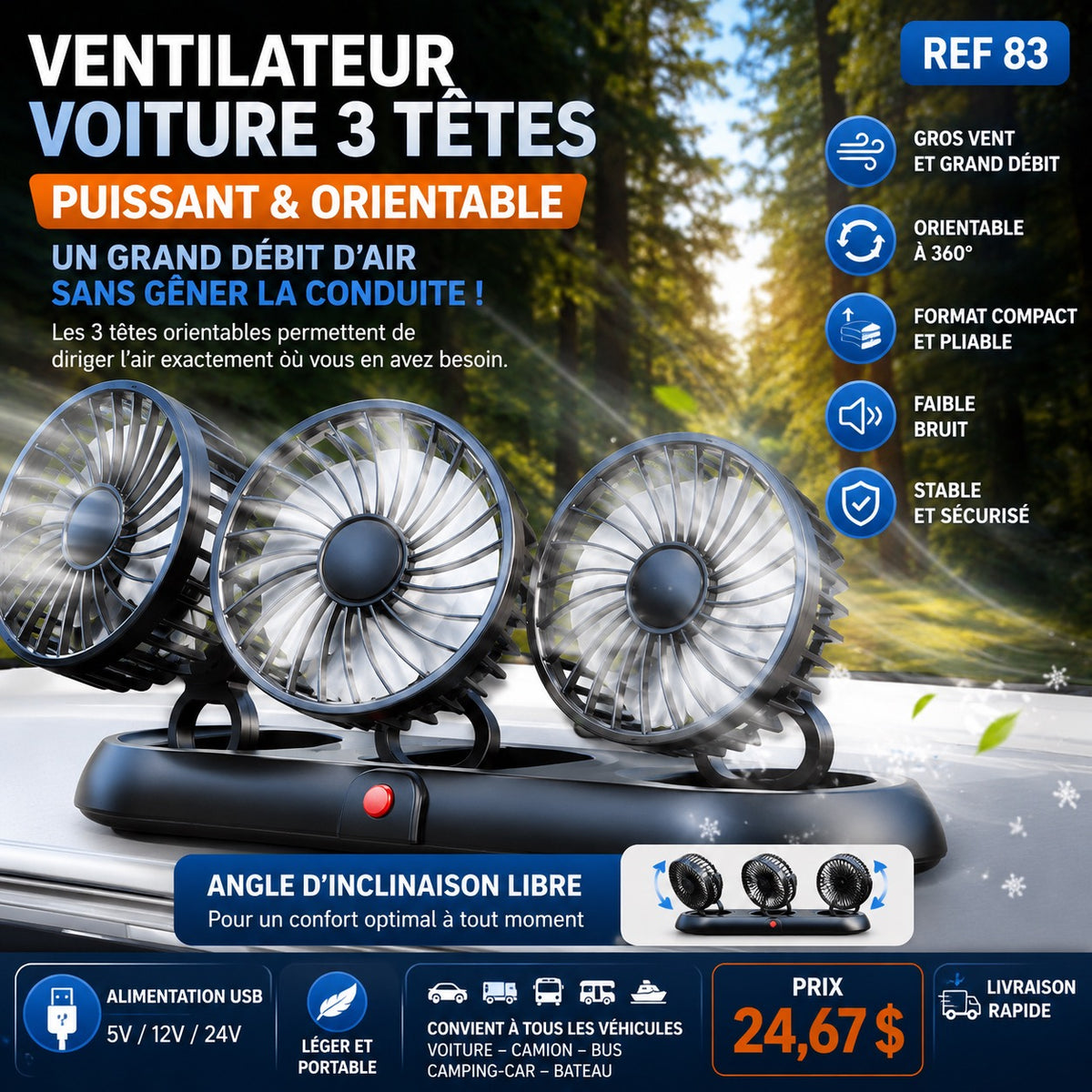 Ventilateur voiture 3 têtes