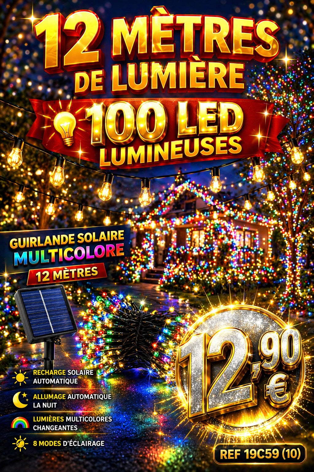 GUIRLANDE SOLAIRE 12 M – 100 LED – EXTÉRIEUR