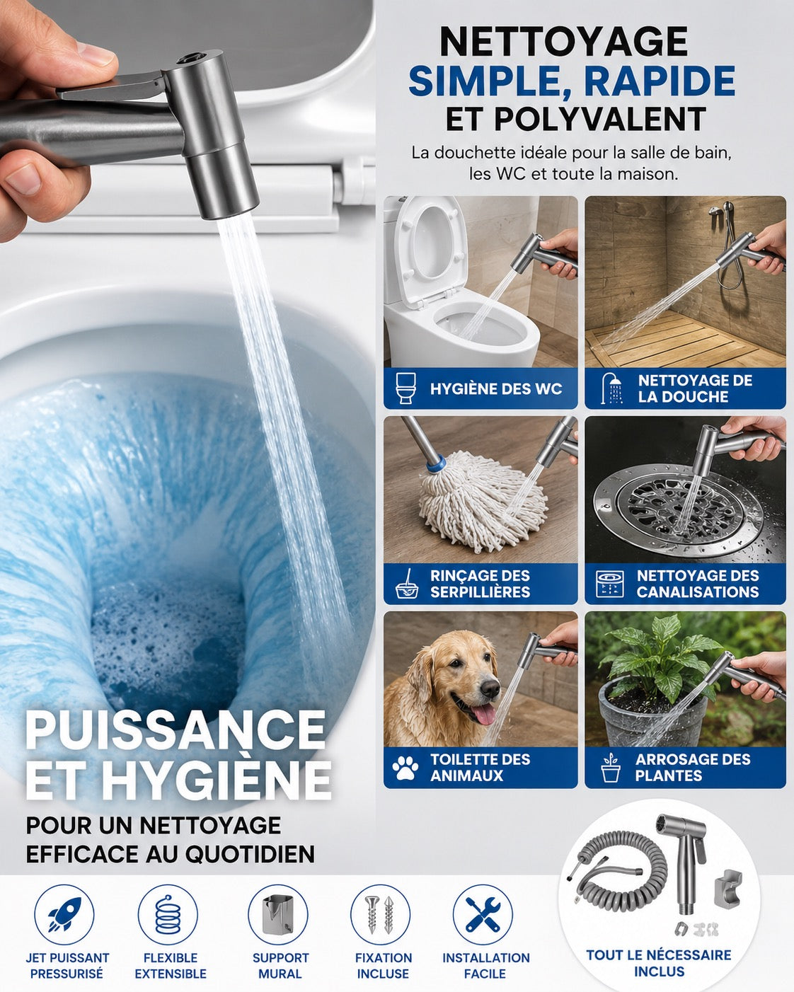 🚿 Douchette WC Pressurisée Grise – Hygiène, Nettoyage et Polyvalence !