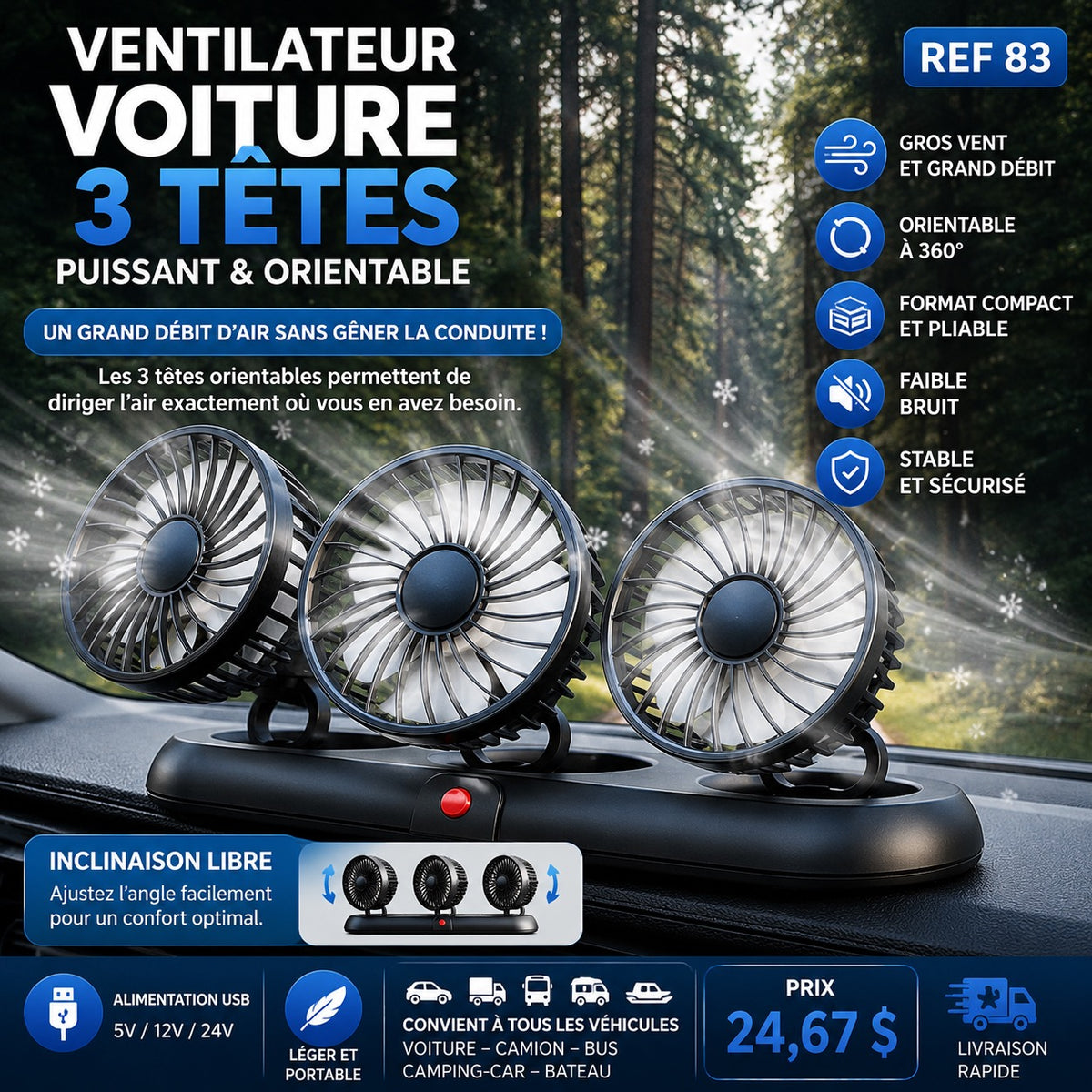 Ventilateur voiture 3 têtes