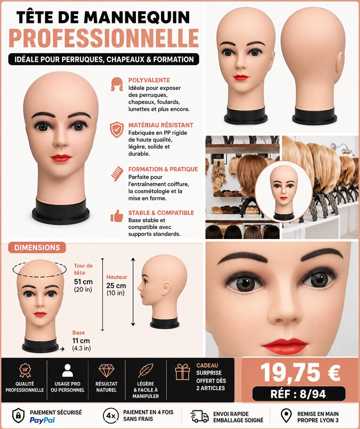 TÊTE DE MANNEQUIN PROFESSIONNELLE –