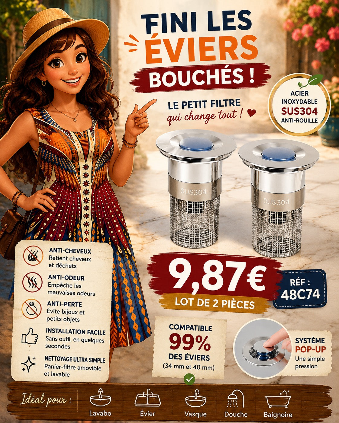 Bonde à évier. lot de 2 avec filtre