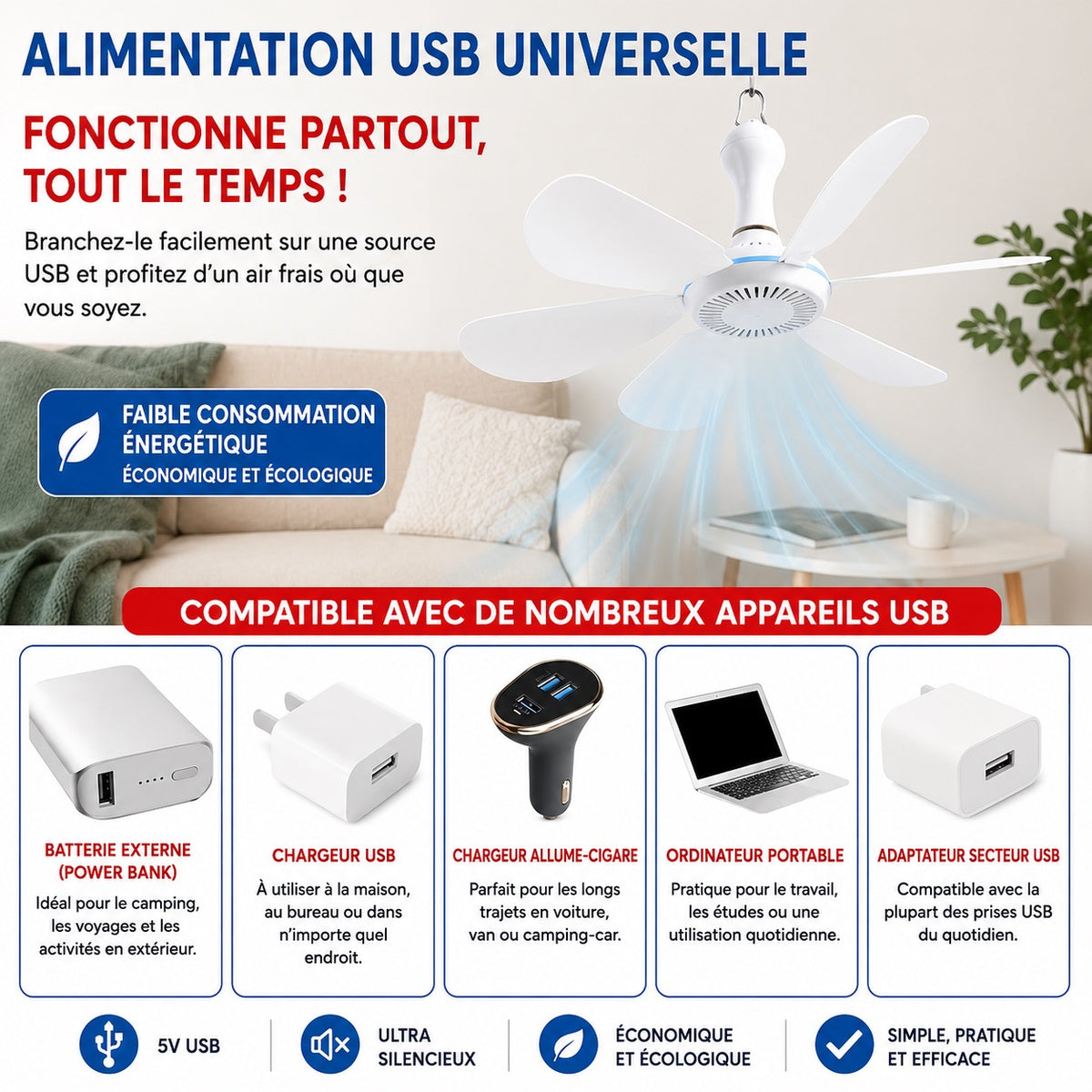 🌬️ Ventilateur USB Suspendu 6 Pales – Ultra Silencieux – Alimentation USB – Camping, Maison, Chambre &amp; Bureau