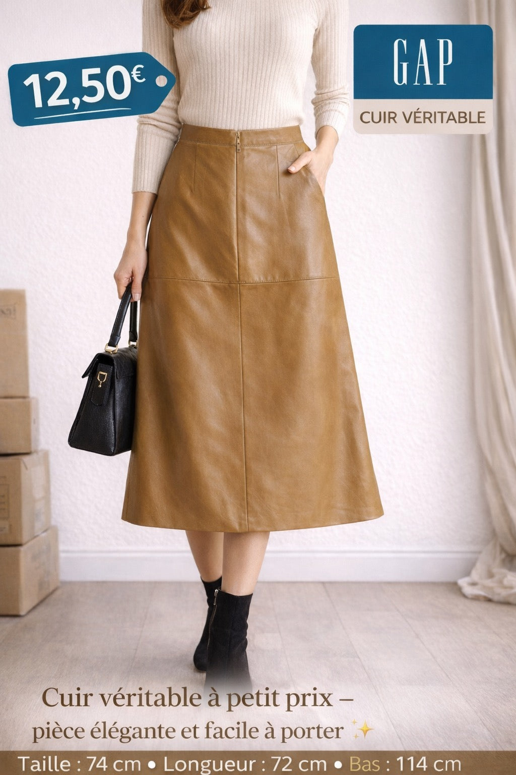 Jupe en Cuir Véritable GAP – Coupe Évasée Marron Clair