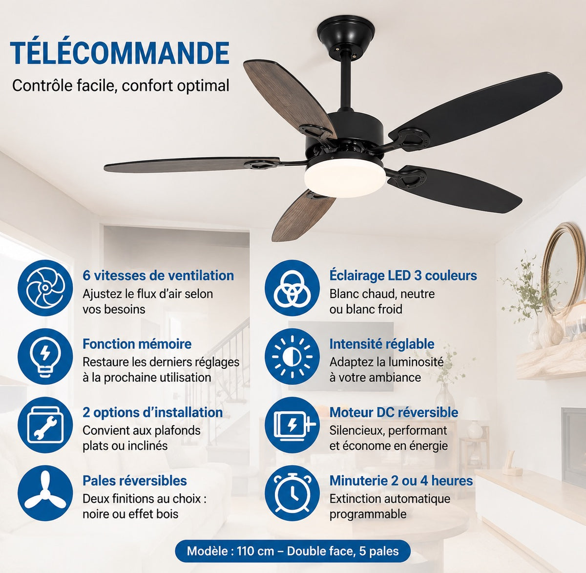 🌬️ Ventilateur de plafond HOMEFIRE 110 cm avec éclairage LED – Moteur DC silencieux réversible – 5 pales double face –