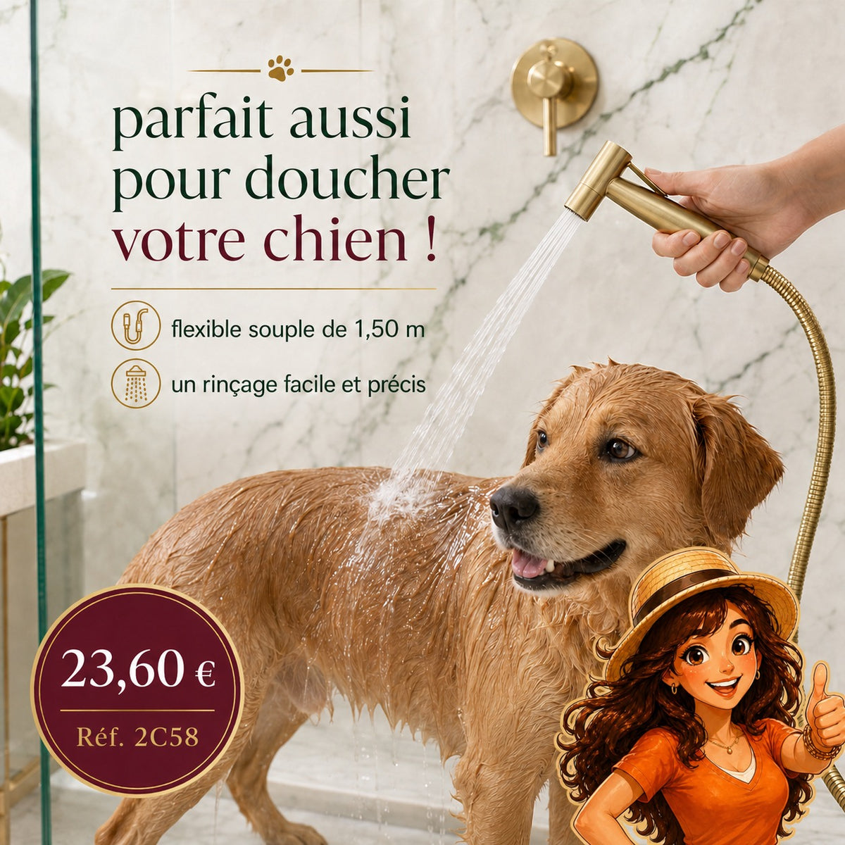 Douchette WC en laiton patiné doré – Flexible 1,50 m