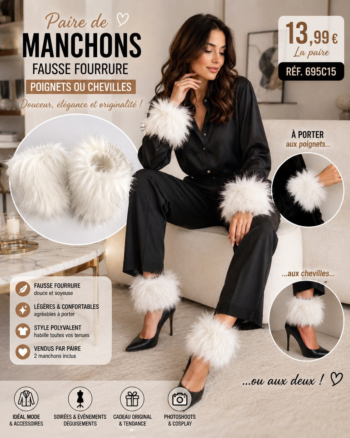 ✨ PAIRE DE MANCHONS EN FAUSSE FOURRURE BLANCHE ✨