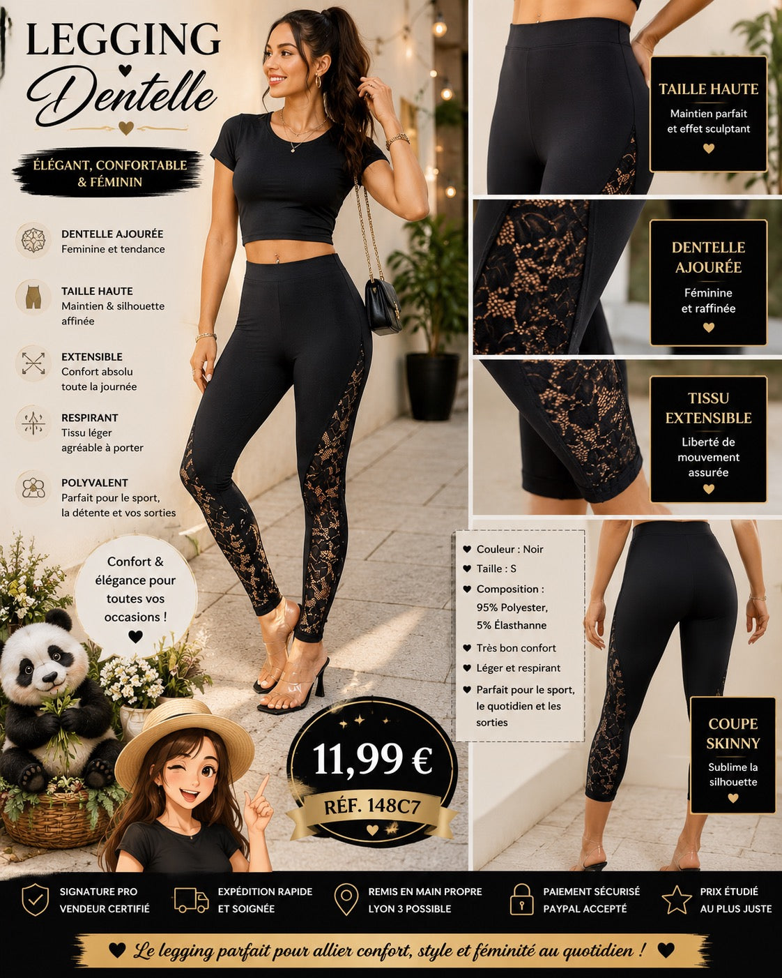 ✨ LEGGING NOIR AJOURÉ DENTELLE – ÉLÉGANCE & CONFORT ✨