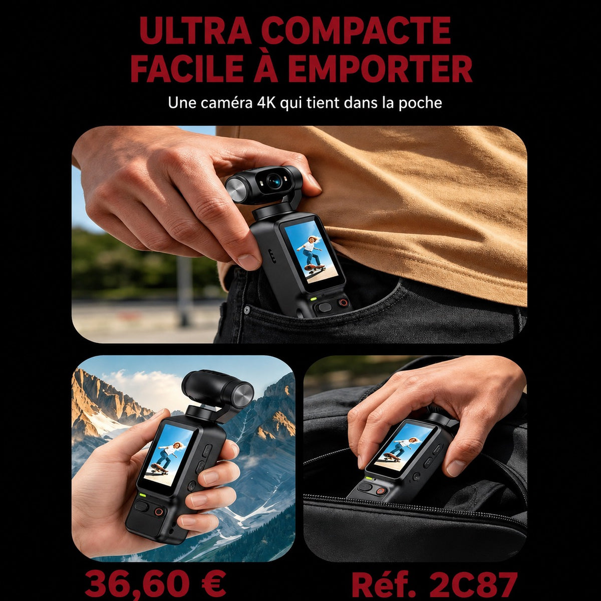 📹 CAMÉRA DE POCHE 4K – OBJECTIF ROTATIF 180°/90° – ÉCRAN HD – ULTRA COMPACTE