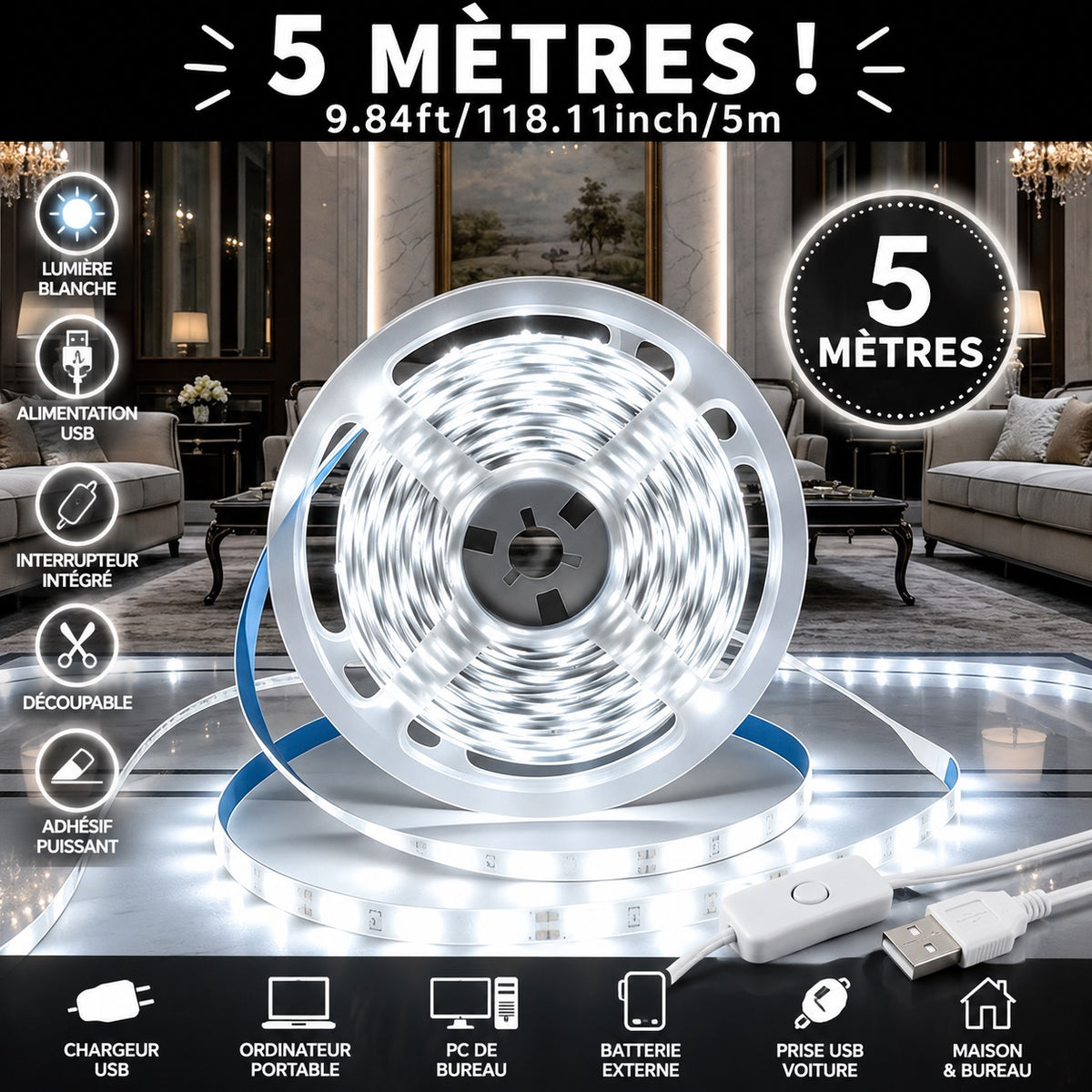 ✨ Bande Lumineuse LED USB Blanche 5 Mètres – Éclairage d’Ambiance Facile à Installer !