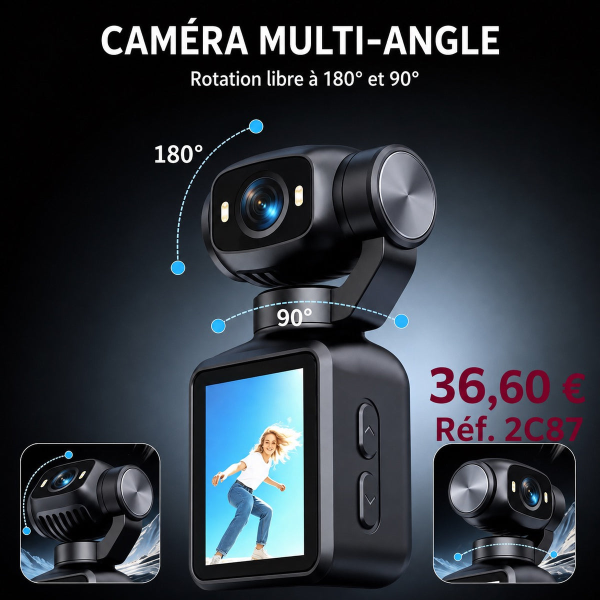 📹 CAMÉRA DE POCHE 4K – OBJECTIF ROTATIF 180°/90° – ÉCRAN HD – ULTRA COMPACTE