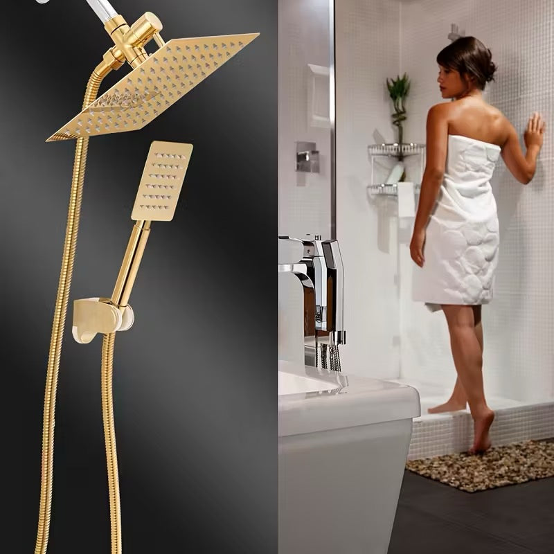 Ensemble de Douche Dorée Carrée Haute Pression – Tuyau Inox 1,5m, Dérivateur 3 Voies & Fixation Murale