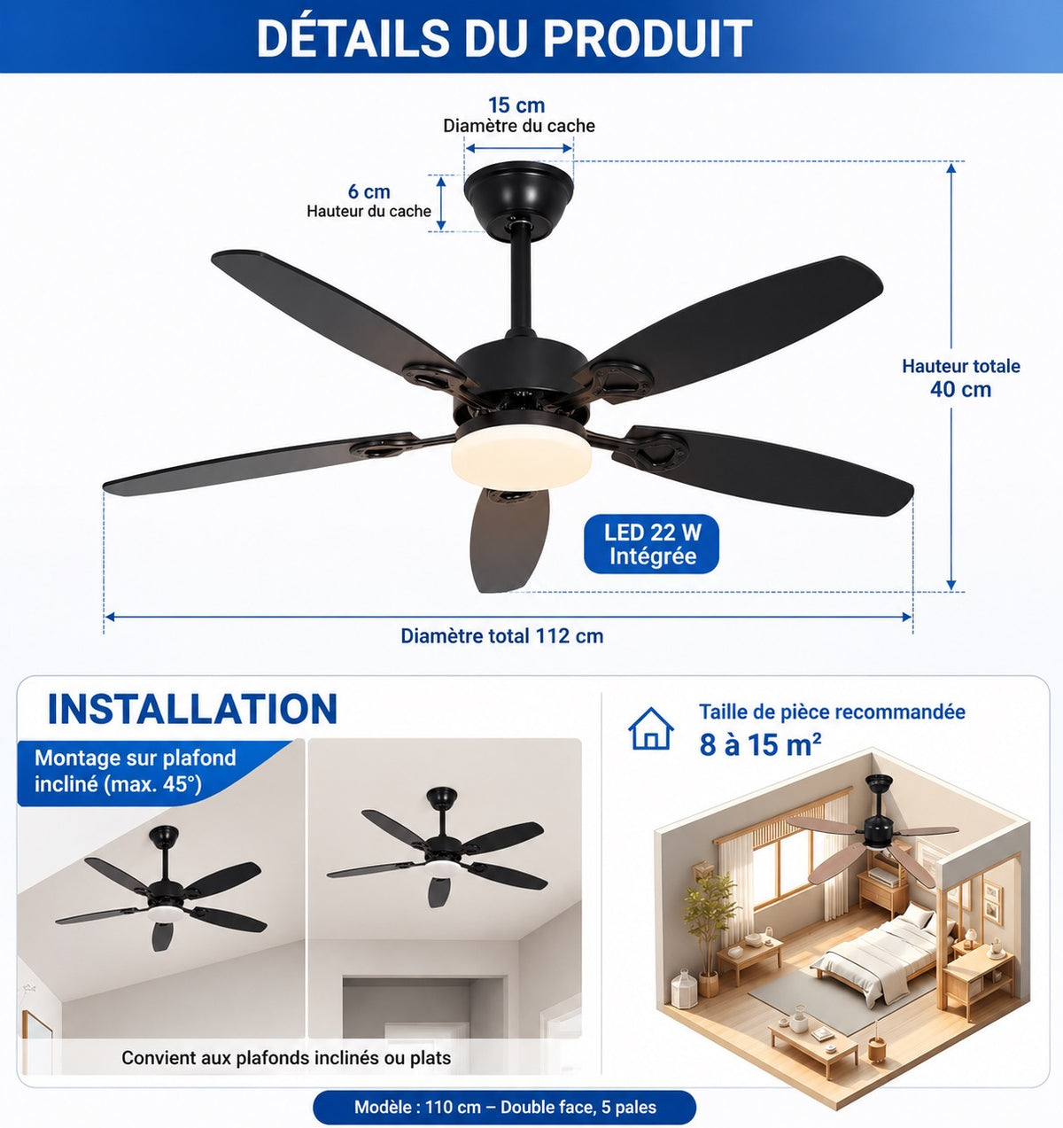 🌬️ Ventilateur de plafond HOMEFIRE 110 cm avec éclairage LED – Moteur DC silencieux réversible – 5 pales double face –