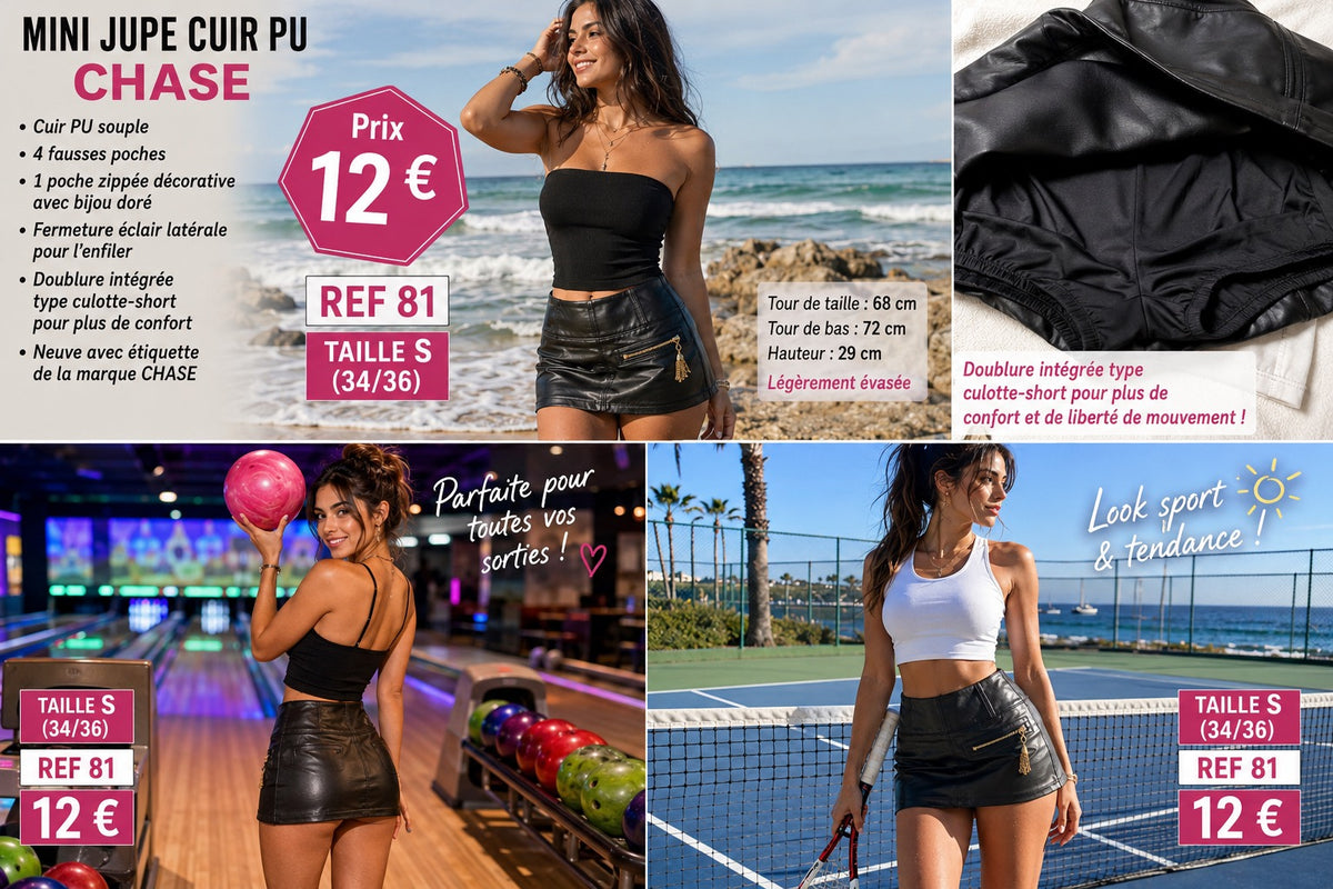MINI-JUPE CHASE NOIRE EFFET CUIR – TAILLE S (34/36) – NEUVE AVEC ÉTIQUETTE 🔥