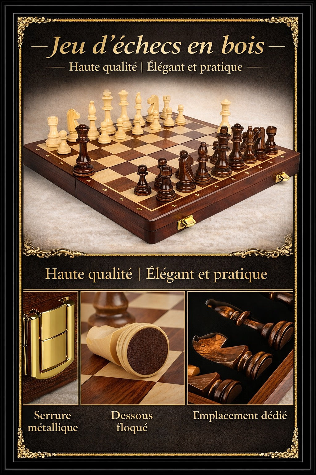 Jeu d'échecs en bois massif premium - Échiquier noyer 40cm