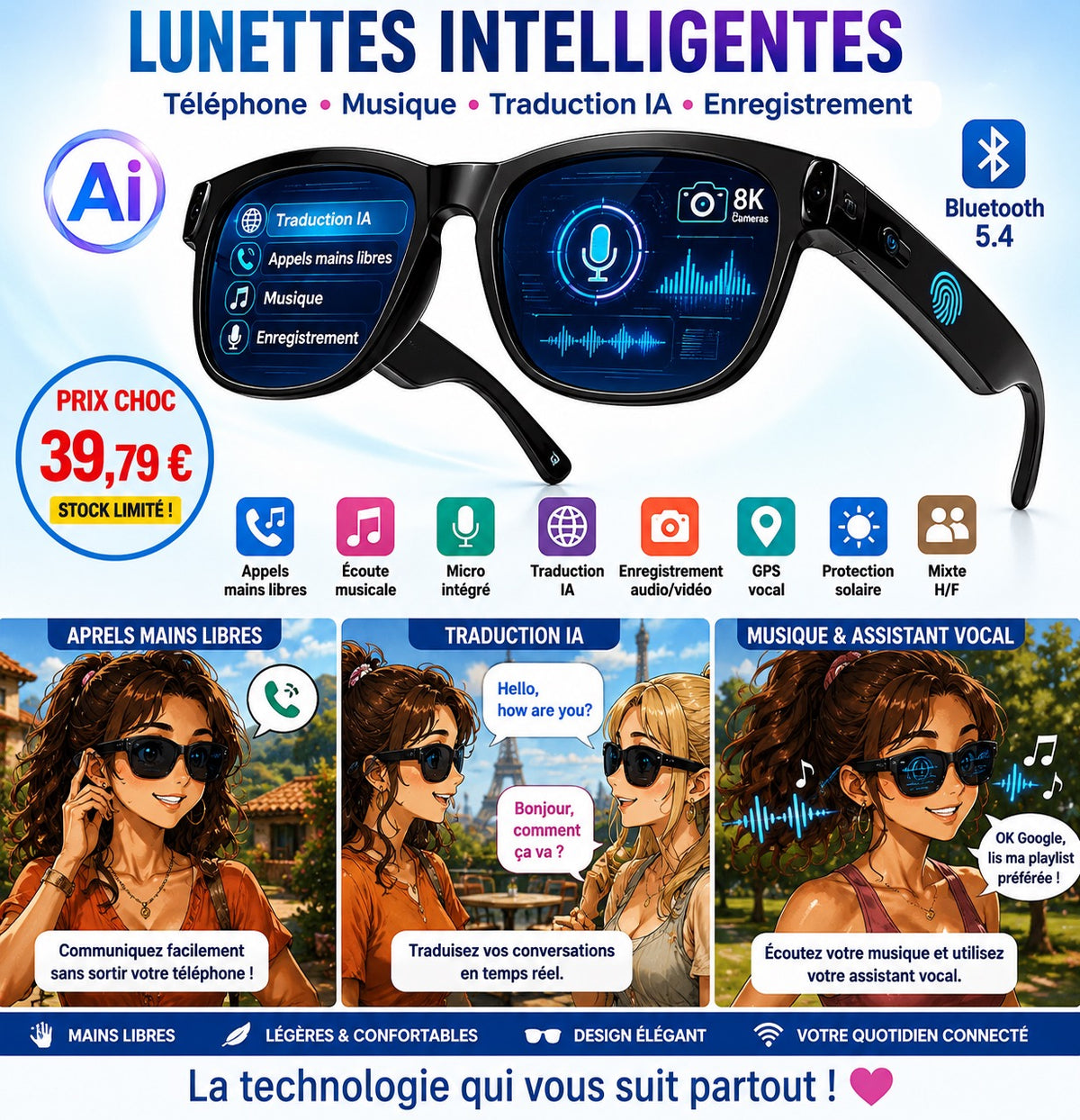 😎 LUNETTES INTELLIGENTES BLUETOOTH IA 2026