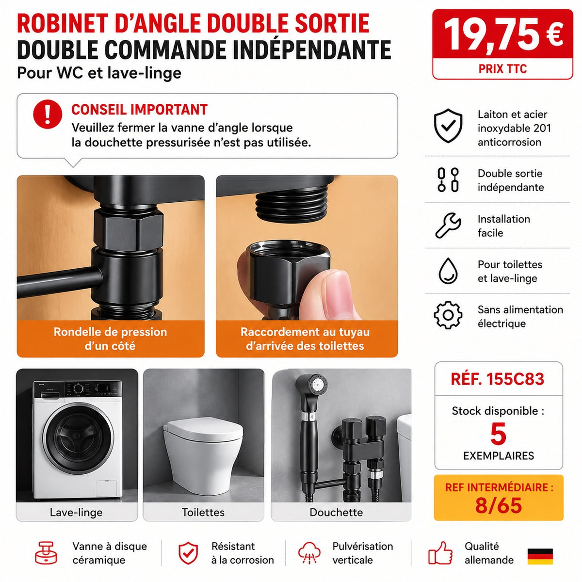 🚿 DOUCHETTE WC MULTIFONCTION 2 EN 1 NOIRE – ROBINET DOUBLE SORTIE –