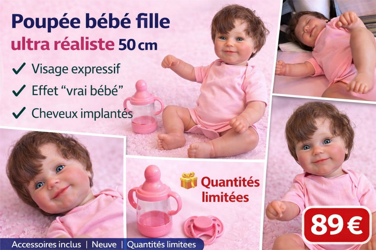 Poupée bébé fille 50 cm Ultra réaliste + accessoires