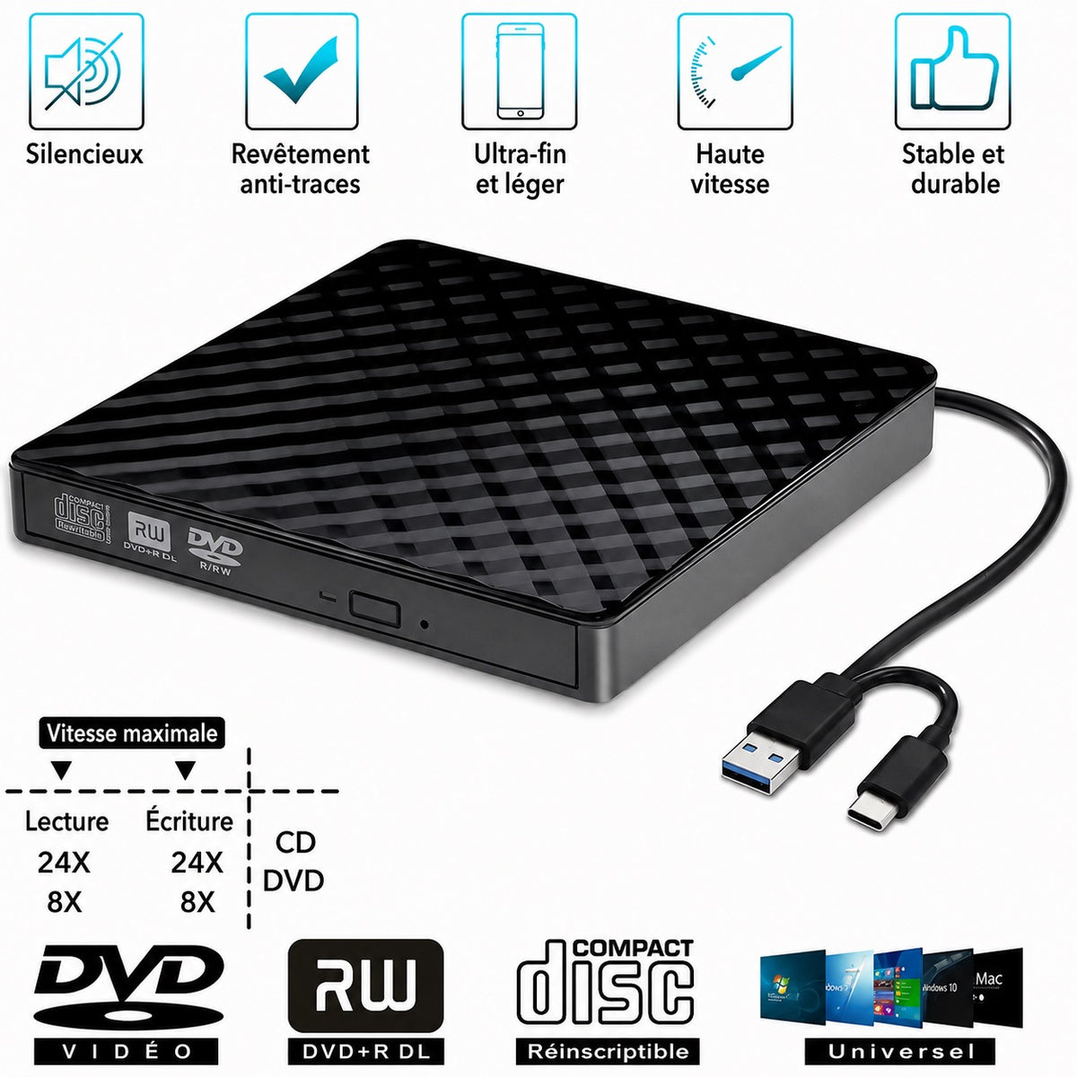 ✨ LECTEUR  NOIR / GRAVEUR CD DVD EXTERNE USB 3.0 & USB-C ✨