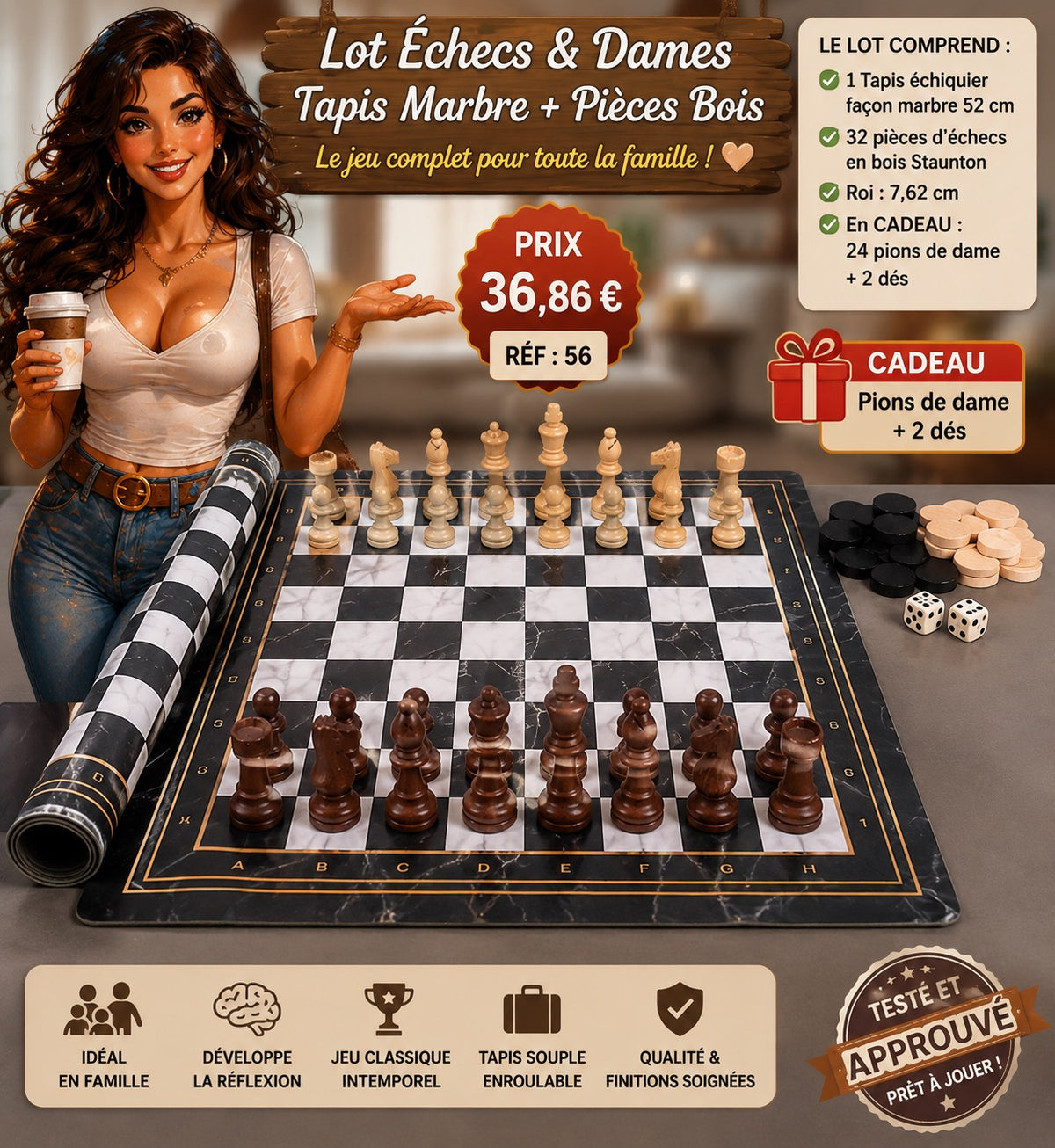 LOT LUXE ÉCHECS + DAMES – TAPIS MARBRE 52 x 52 CM