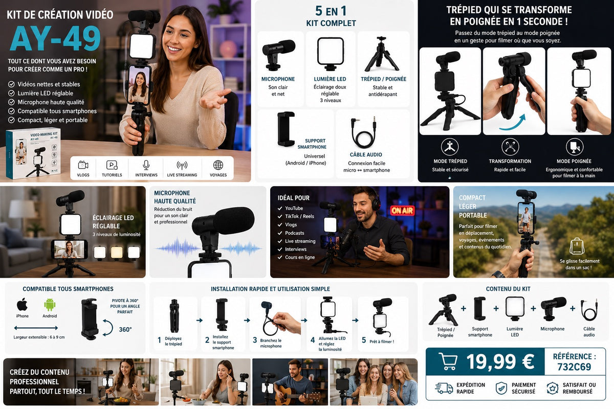 ✨ KIT DE CRÉATION VIDÉO AY-49 – VLOG, YOUTUBE, REELS &amp; LIVE ✨