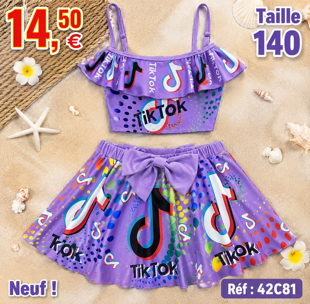 🌸 Ensemble de bain 2 pièces TikTok® pour fillette – Taille 140 – Neuf