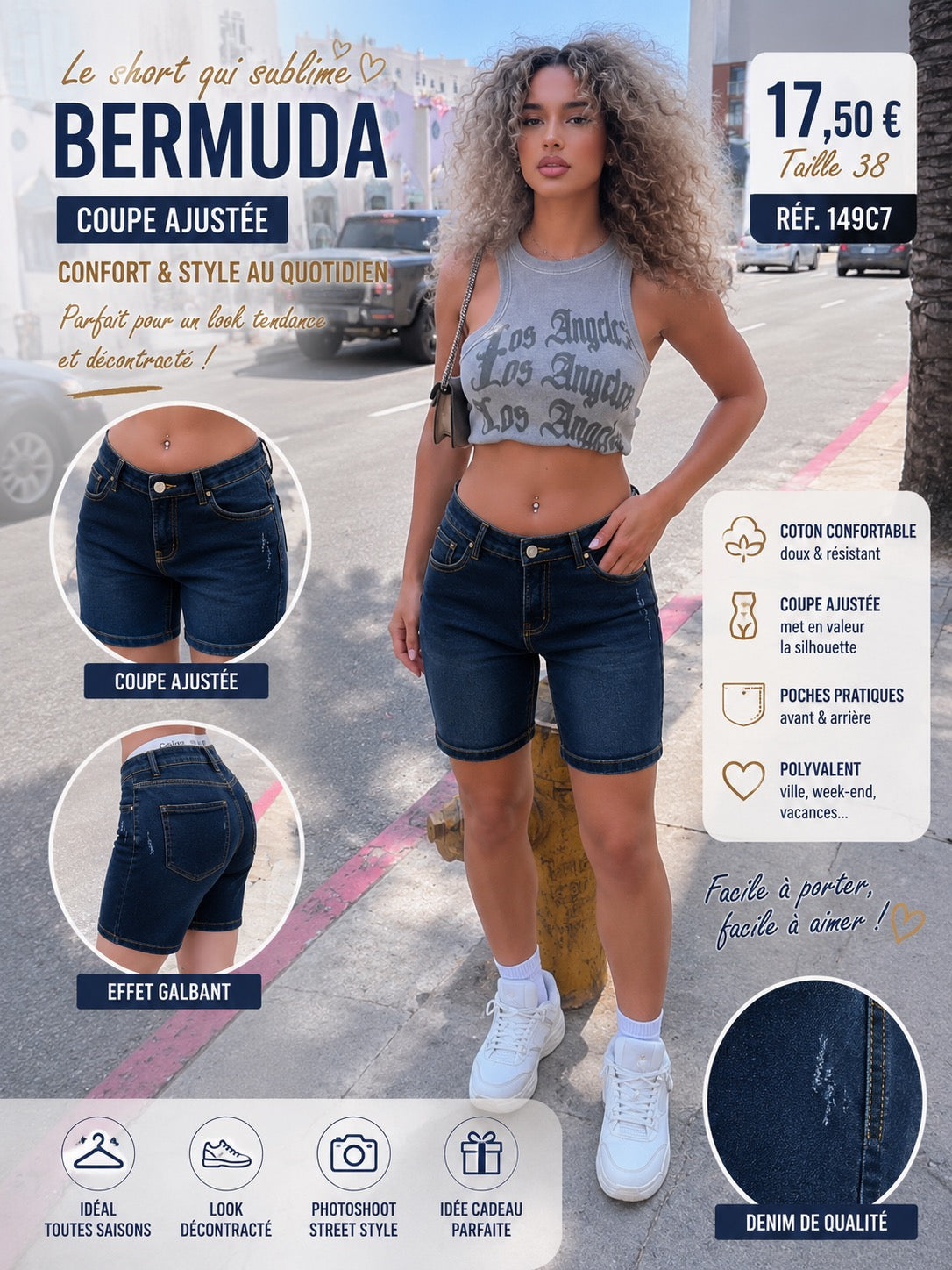🌞 BERMUDA JEAN FEMME TAILLE 38 – STYLE DENIM TENDANCE