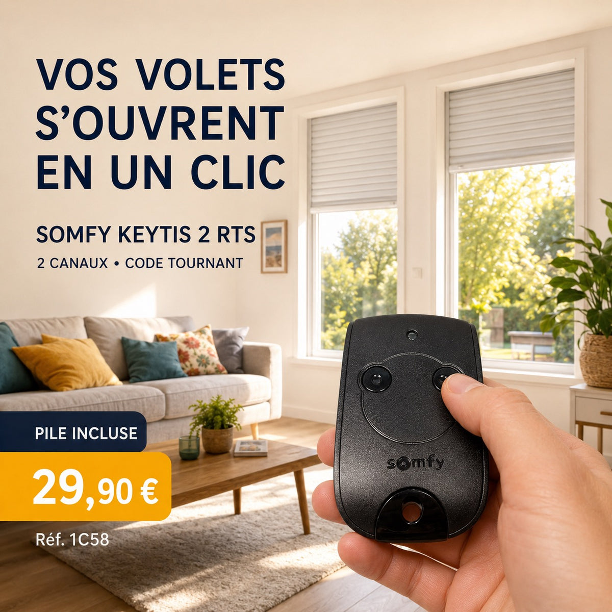 Télécommande Somfy Keytis 2 RTS – Portail, garage et volet roulant – 2 canaux