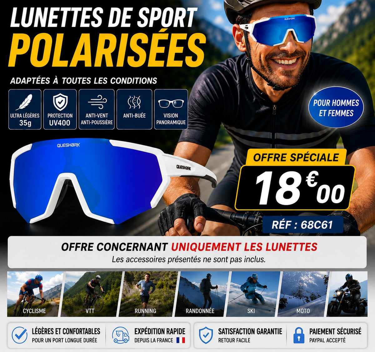 LUNETTES DE SPORT POLARISÉES QUESHARK – ULTRA LÉGÈRES & HAUTE PERFORMANCE ✨