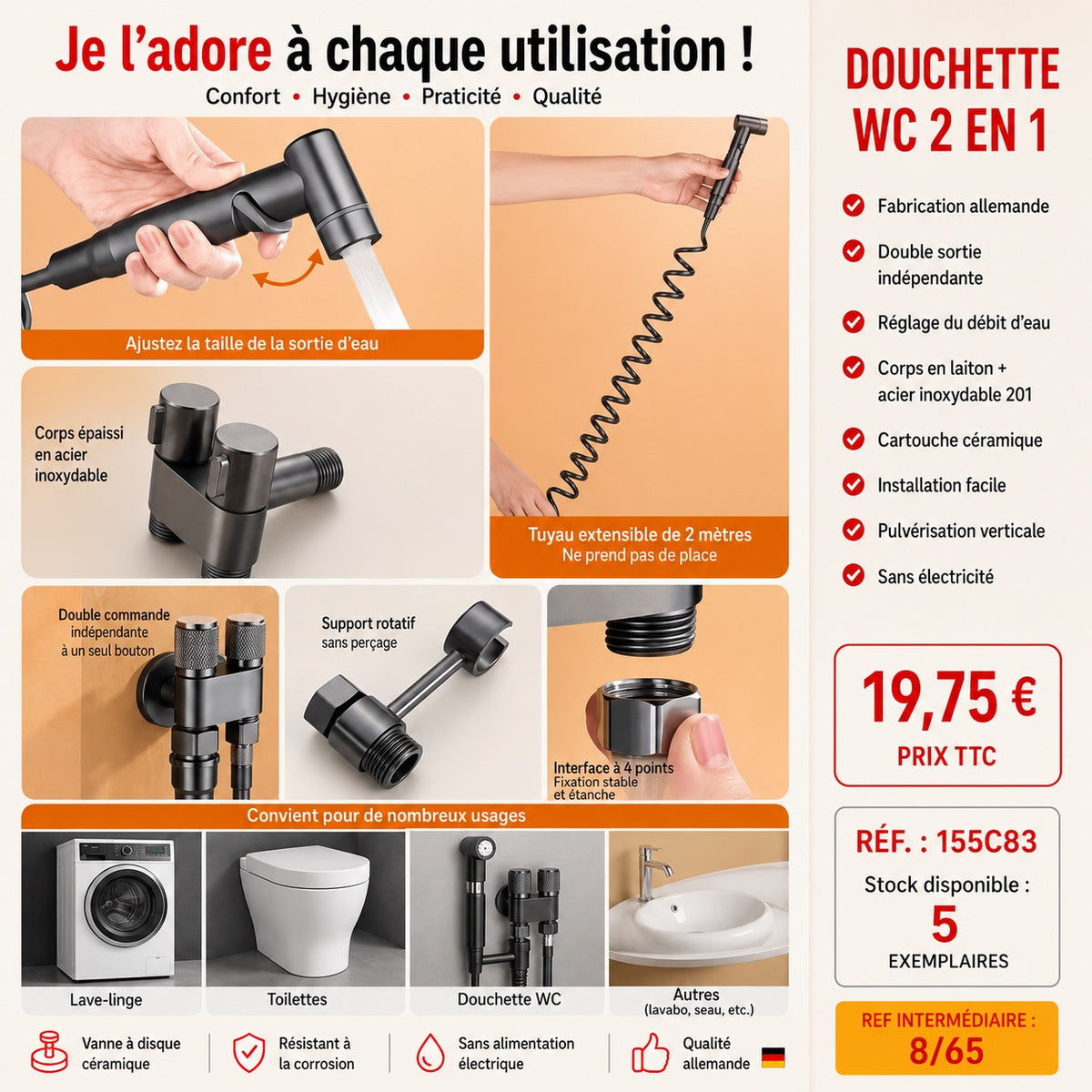 🚿 DOUCHETTE WC MULTIFONCTION 2 EN 1 NOIRE – ROBINET DOUBLE SORTIE –